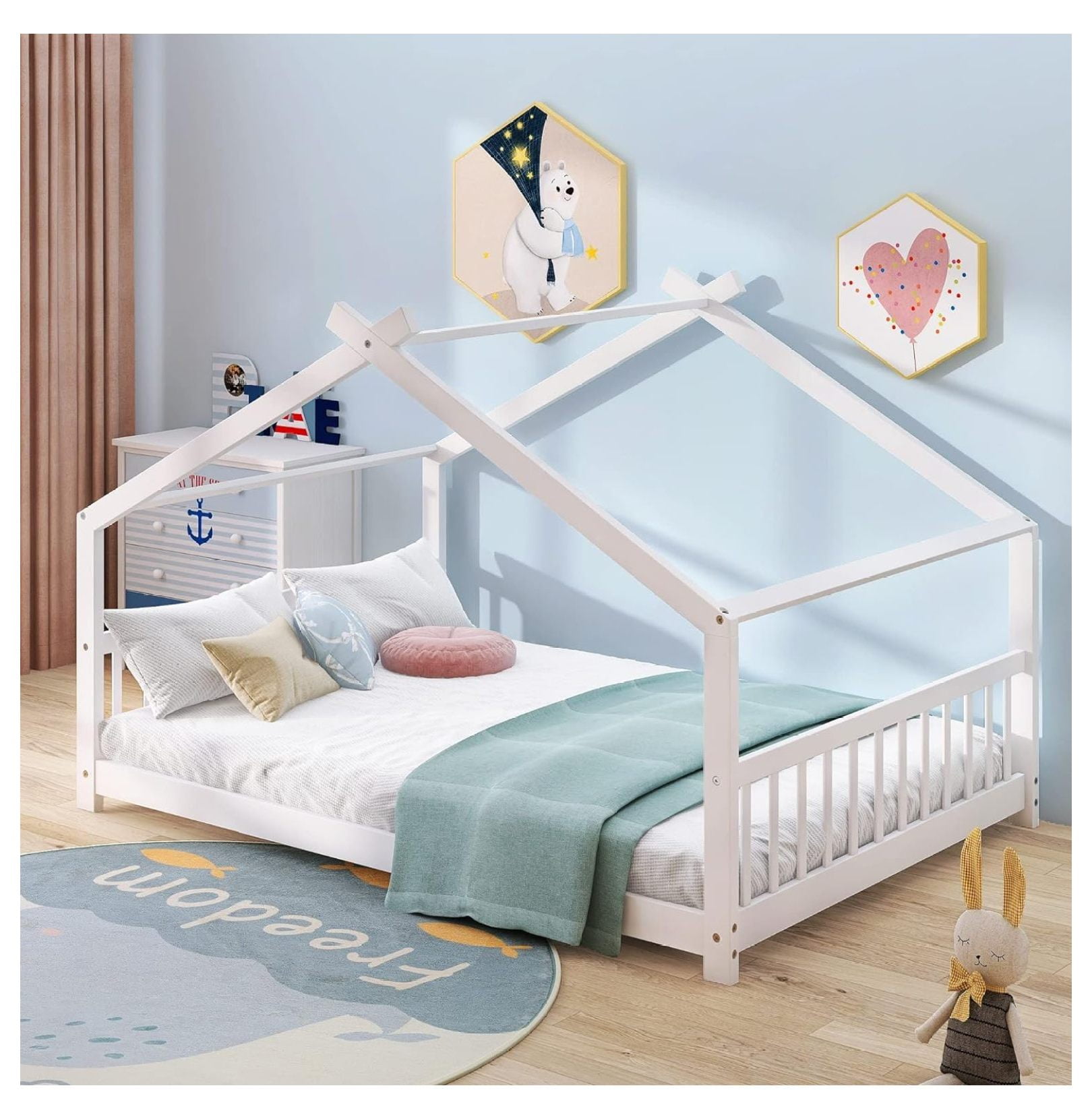 Full House Beds Wood Montessori Floor Bed Frame Kids Platform Bed with Headboard & Footboard, No