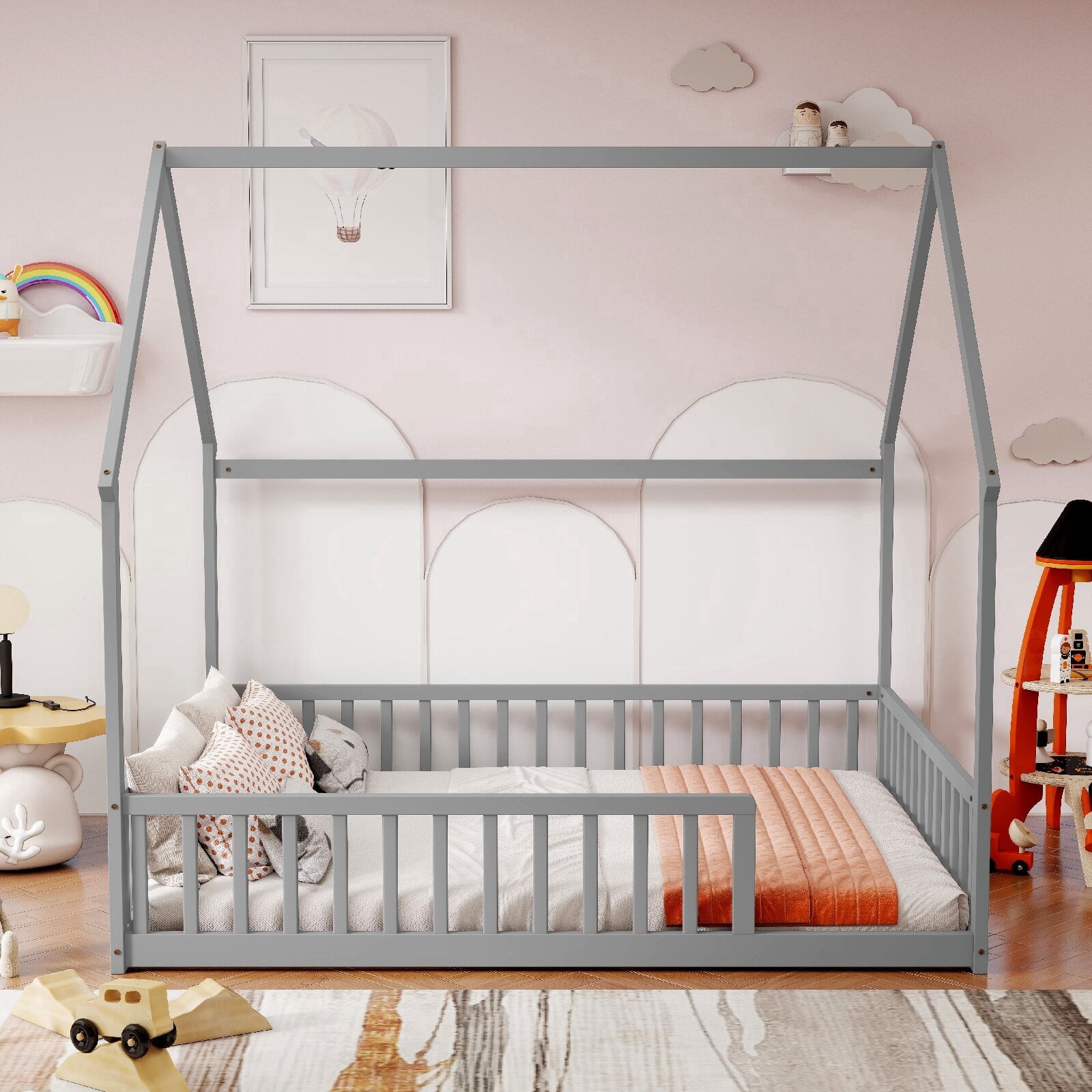 Full House Floor Bed with Roof Frame, Wooden Kids Platform Bed with ...