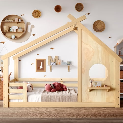 Full House Floor Bed with Window and Shelf, Solid Wood House-Shaped Bed Frame, Low-Profile Montessori-Style Bed with Roof Design, No Box Spring Needed, Twin Size, Natural
