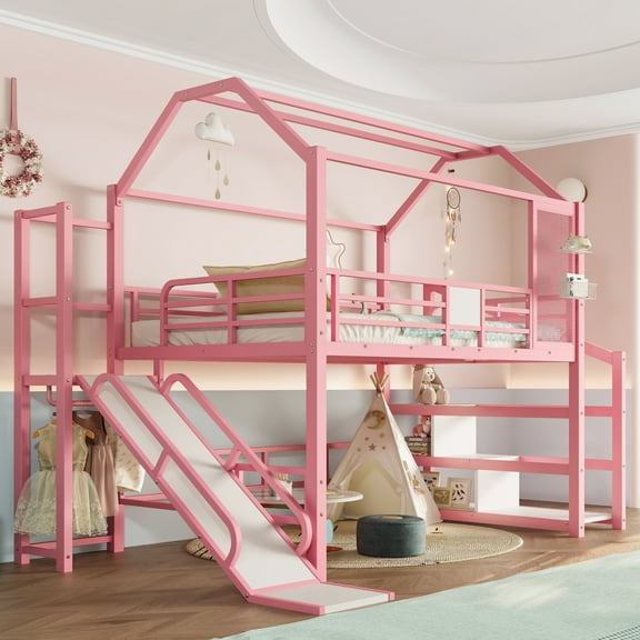 Full House Loft bed with Slide and Stairs, Metal Playhouse Bed with Storage Shelves, House-shaped Roof and Noise-free Design, Pink