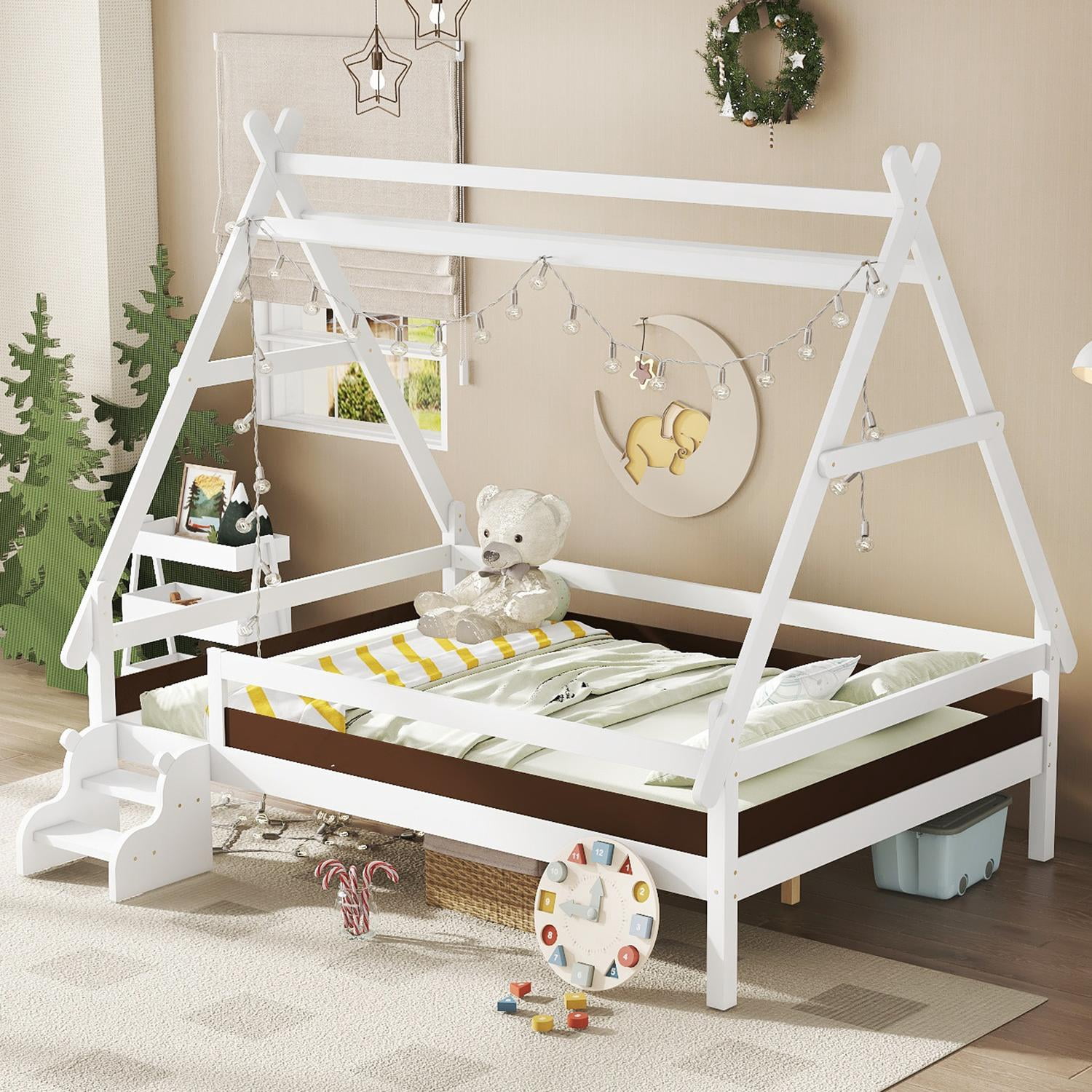 Full House Platform Bed, Bed with Stairs, Solid Wood Full Bed Frame, Low Profile Design with Built-in Stairs, White