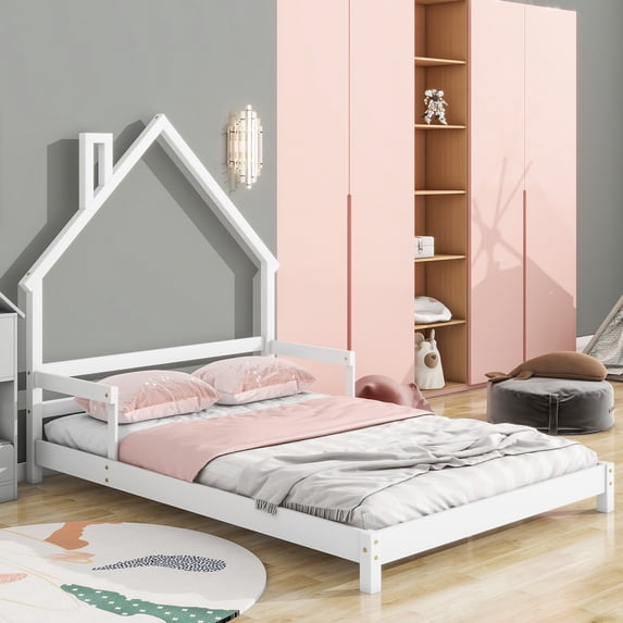 Full House-Shaped Headboard Bed with Handrails ,slats ,White