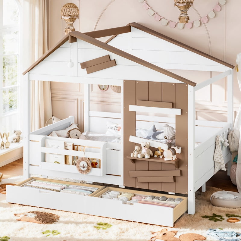 Full House-Shaped Kid's Bed with Built-in Bookshelf & Light Bulb, Wooden Platform Bed Frame with 2 Drawers & 5 Round Hooks