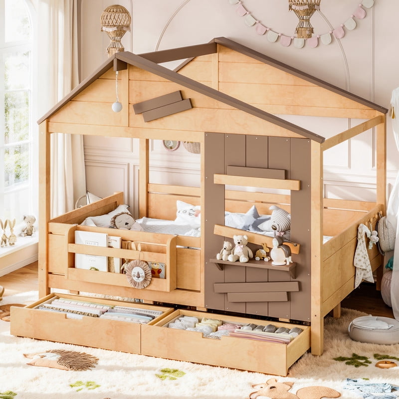 Full House-Shaped Kid's Bed with Built-in Bookshelf & Light Bulb, Wooden Platform Bed Frame with 2 Drawers & 5 Round Hooks