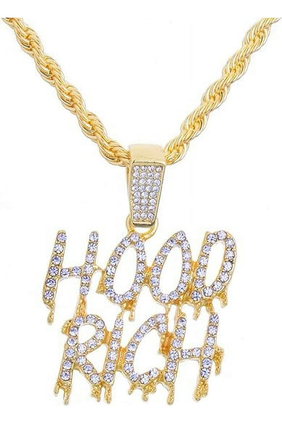 Full Iced 14k Gold Plated Bling HOOD RICH Pendant 20" Rope chain Necklace HC 1417 G