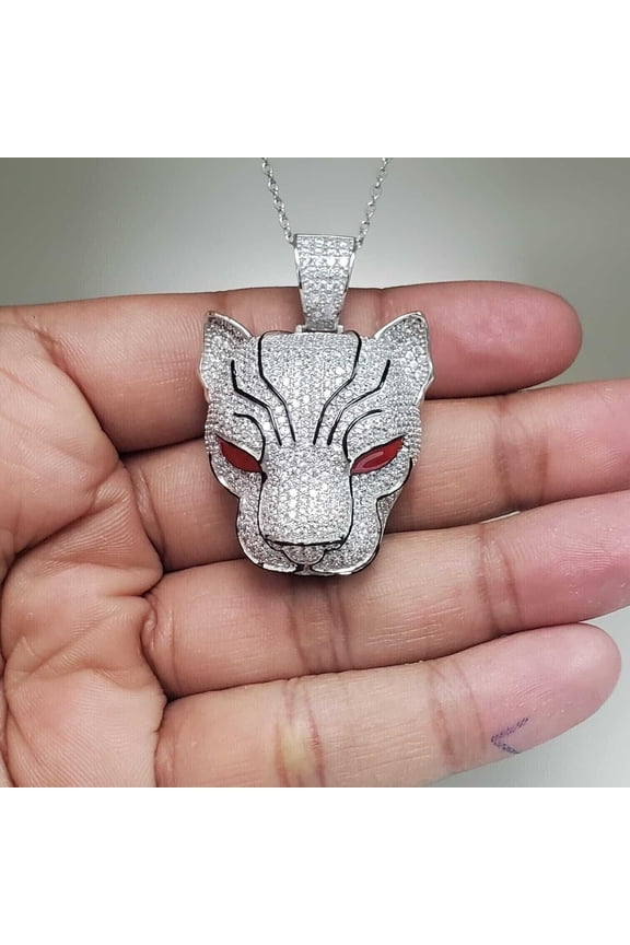 Full Iced Out Custom Big Panther Head Pendant Gorgeous Panther Face Hip Hop Charm Pendant 14K White Gold Plated Red Eyes Tiger Head Pendant 925 Sterling Silver Handcrafted Jaguar Pendant