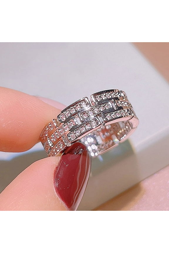 Full Iced Out Diamond Cuban Link Chain Style Wedding Band Rings For Women 14K White Gold Plated Solid 925 Sterling Silver Handmade Matching Customized Wife Anniversary Band Gift For Her