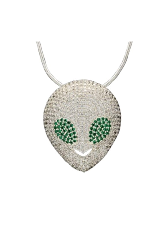 Full Iced Out Diamond Customized Alien Head Pendant 14K Gold Plated Green Eyes Newborn Sci-Fi Alien Face Charm Pendant 925 Sterling Silver Handmade Hip Hop Graduation Jewelry Gift For Him