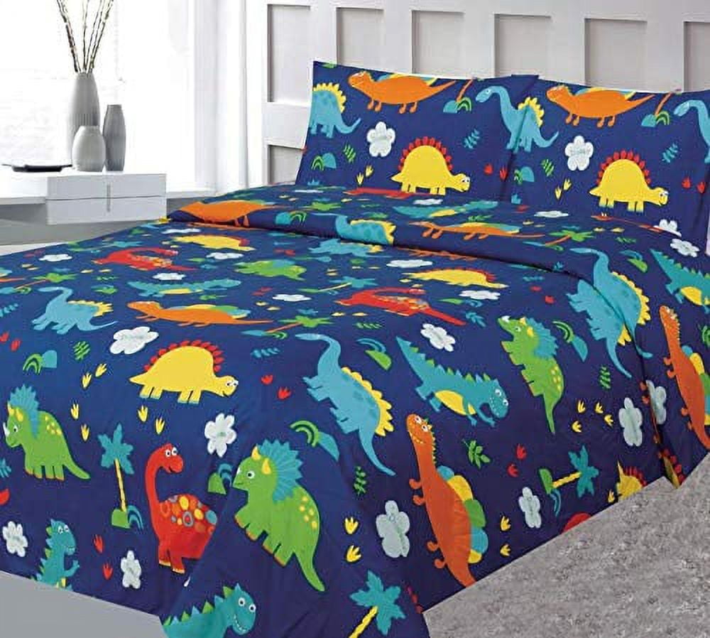 Full Kids Sheet Set (4pc), MultiColor Dinosaur Design, Fun Bright Bed