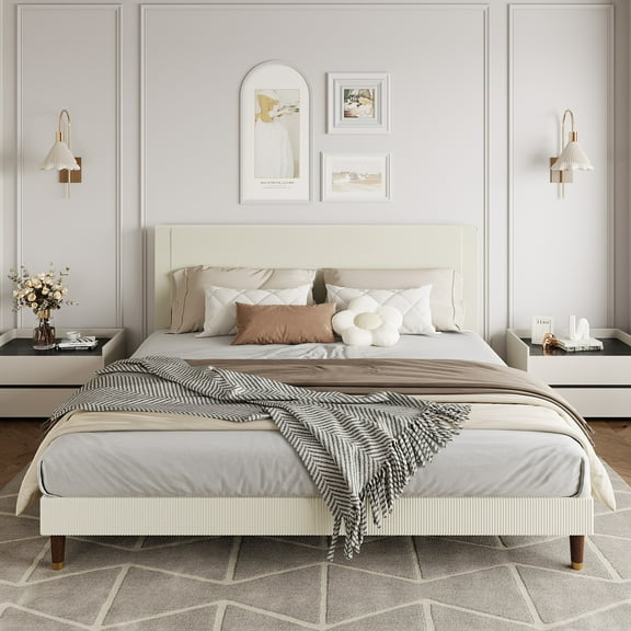 Full/King/Queen Size Bed Frame with Headboard, Corduroy Upholstered Platform Bed with Wooden Slats Support - No Box Spring Needed & Noise Free, Easy Assembly