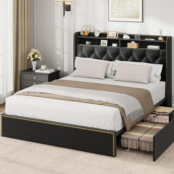 Full/King/Queen Size Bed Frame with Upholstered Headboard 2-Tier Shelf, Black Velvet Tufted Platform Bedframe with 4 Storage Drawers, Wooden Slats Support, No Box Spring Needed