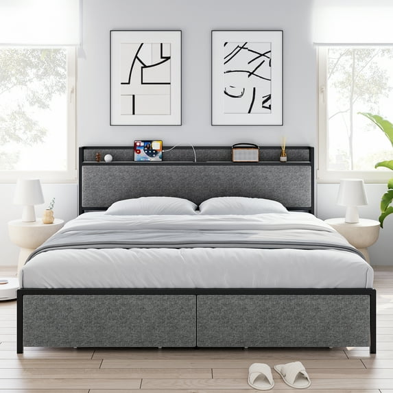 Full/King/Queen Size Platform Bed, Upholstery Storage Bedframe with Charging Station and 2 Drawers, Multi-functional Bed, No Box Spring Needed, Easy Assembly, Gray