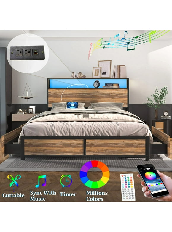 Full LED Bed Frame with Storage Headboard, 4 Drawers and Power Station, Industrial Metal Platform Bed with Power Charging Station & USB Ports (Tan-Full)