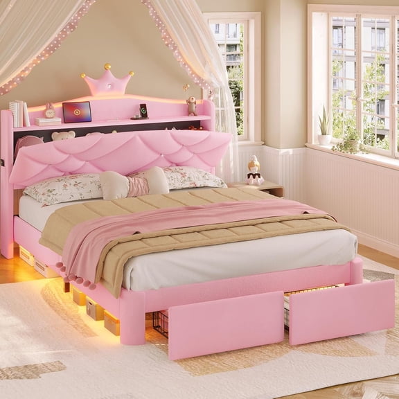 Full LED Bed Frame with Storage Headboard & Drawer, Princess Upholstered Bed with Charging Station & Crystal Button & Crown, Velvet Platform Bed for Girls, Solid Wood Slats, Curved Legs, Pink