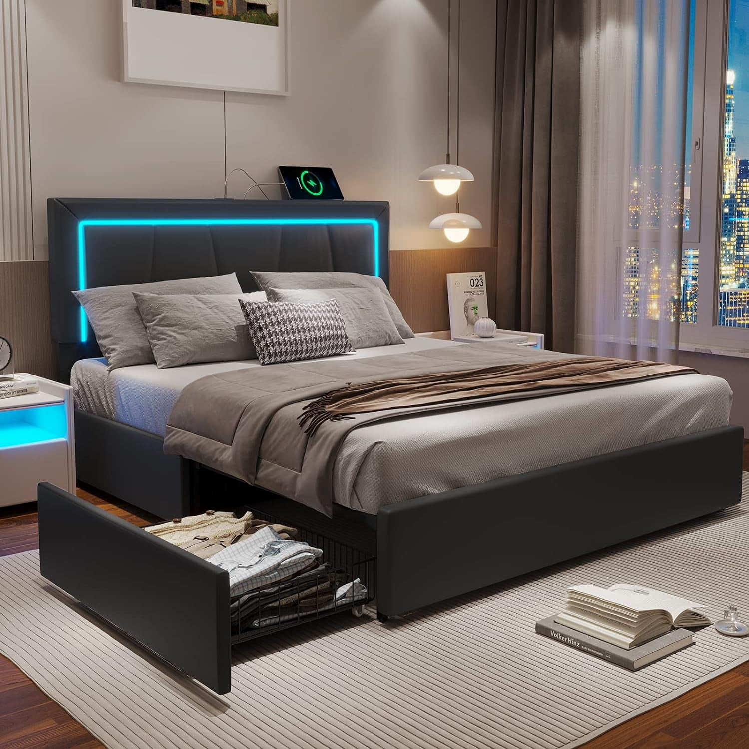 Full Size Black Faux Leather LED Bed Frame with Storage Drawers