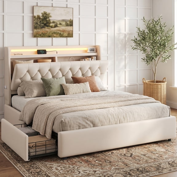 Full LED Velvet Bed Frame with 2 Storage Drawers&Hidden Headboard, Upholstered Platform Bed with Charging Station&Button Tufted Design, Wooden Slats Support, Box Spring Optional, Easy Assembly, Beige