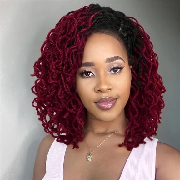 More Beautiful 16 inch Ombre Burgundy Short Boho Faux Locs Full Lace Braided Wig, Curly Synthetic Loc Hairstyle For Black Women