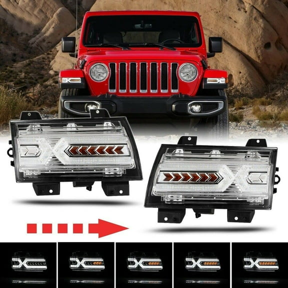 Full Led DRL Turn Signal Assembly for 2018-2022 Jeep Wrangler JL and Jeep Gladiator JT,Led Front Fender Lights w/Daytime Running Lights and Amber Sequential Turn Signals Lamp