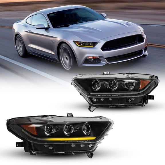 Full Led Headlights Assembly for 2015 2016 2017 Ford Mustang, Led High Low Beam Projector Headlights w/ Led Sequential Turn Signals, Led DRL, Amber Reflector, Driver & Passenger Sides