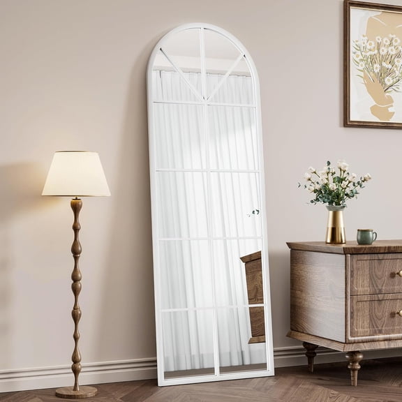 Full Length Arched Floor Mirror 65"L x 22"W Window Pane Design Iron Frame White