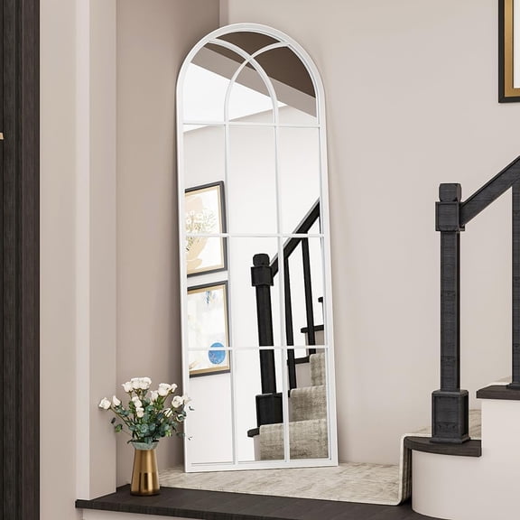 Full Length Arched Floor Mirror 65"L x 22"W Window Pane Design Iron Frame for Bedroom or Living Room White