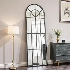 Full Length Arched Window Mirror 65"L x 22"W Iron Frame Black