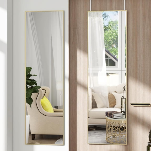 Full Length Door Mirror 48"L x 14"W with Metal Frame, Gold Finish, Horizontal or Vertical Mount