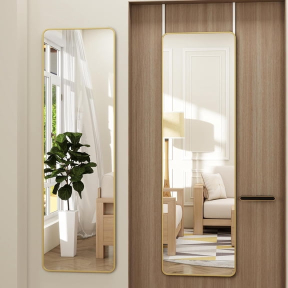 Full Length Door Mirror 48"L x 14"W with Metal Frame Gold Finish Horizontal or Vertical Mount