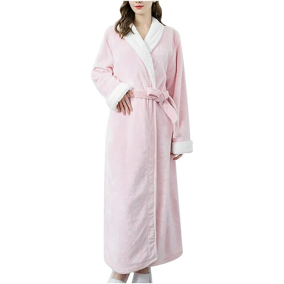 Full Length Flannel Bathrobe Pajamas Women Belted Plush Soft Fleece Long Bath Robes Nightgown Spa Sleepwear Housecoat (X-Large, Pink)