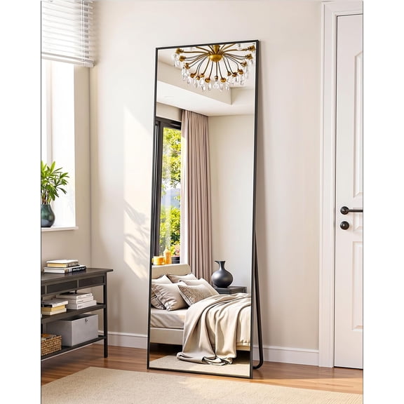 Full-Length Floor Mirror, 56"L x 14"W, Rectangular Black Aluminum Frame, Freestanding or Wall-Mountable
