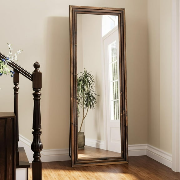 Rustic Farmhouse Full-Length Mirror with Stand, 63" x 21" Solid Wood Frame Full Body Mirror for Bedroom, Living Room & Entryway Décor, Natural Brown