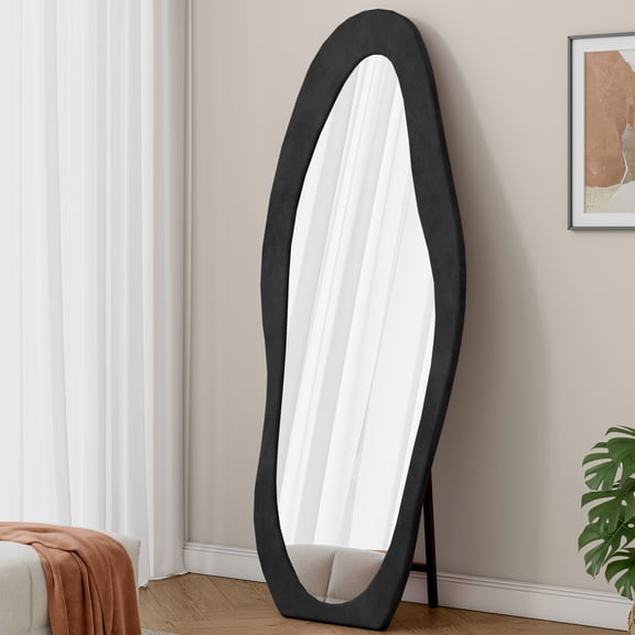 Full Length Floor Mirror with Flannel Wrapped Wavy Design, Wooden Frame and Shatterproof Glass, Wall Mount or Standing Mirror for Living Room, 63"x24"