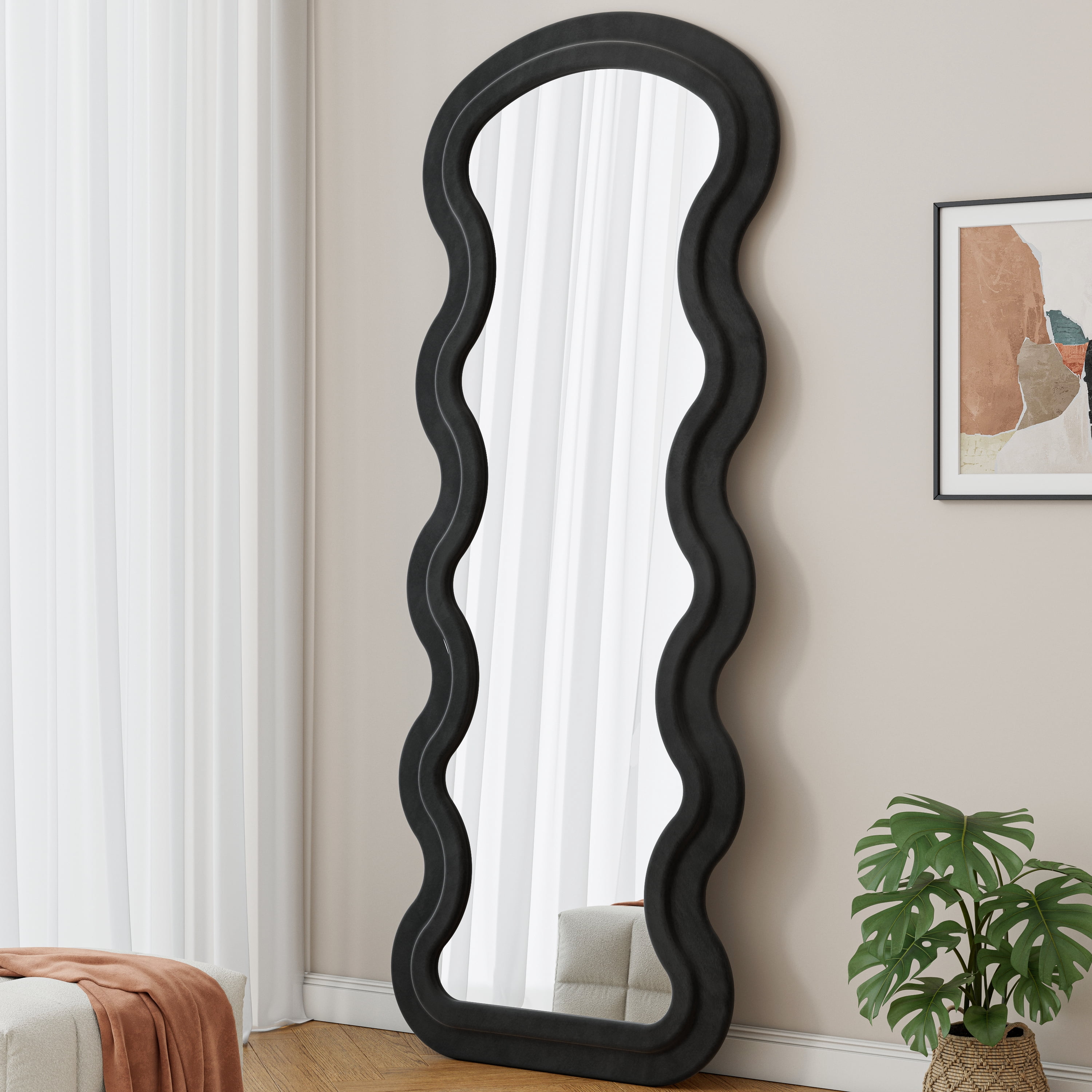 Full Length Floor Mirror with Flannel Wrapped Wavy Design, Wooden Frame and Shatterproof Glass, Standing or Wall Mount Mirror for Bedroom, 63"x24"