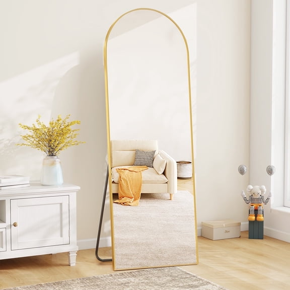 Full-Length Floor Mirror with Nano Glass - 16"x59" Size, Gold, Arched Shape, Shatterproof & Wall-Mountable