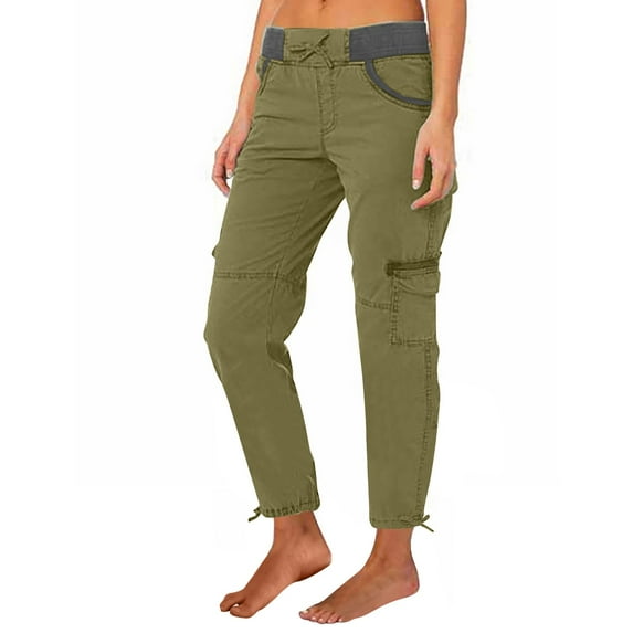 Full-Length High Waisted Cargo Pants for Women Green Leisure Splicing Weekend Solid Color Tie Multi Pocket Trousers Outdoor Casual Sports Overalls Loose Sweat M
