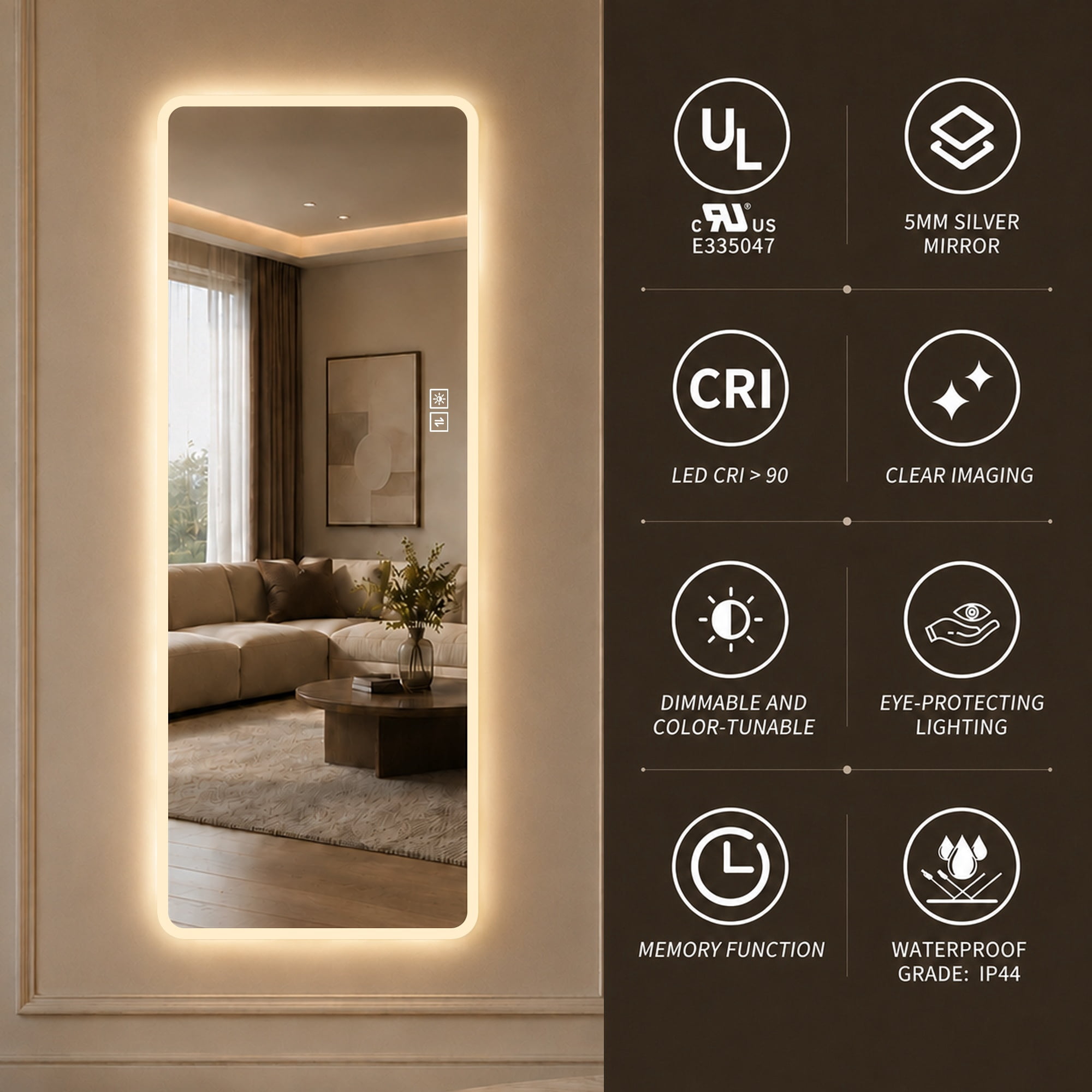 Full Length LED Mirror 65 x 21 Inch, Wall Mounted Vanity Mirror with Dimming Light and Anti-Oxidation Glass, Bedroom and Dressing Room Mirror, Clear