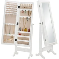 BOUQUETYZ Full-Length LED Mirror Jewelry Cabinet - Standing Armoire with 5-Angle Tilt & Storage, Rubberwood Frame, Easy Assembly - Jewelry Organizer for Women, Bedroom, Closet (White/Black)