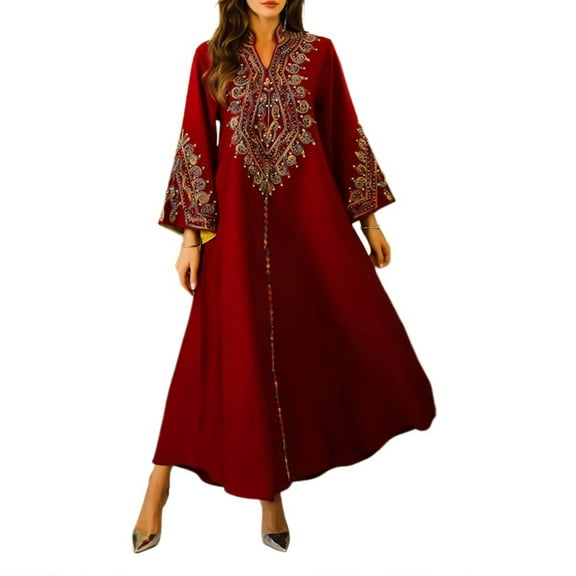 Full Length Middle Eastern Robe Dress Long Sleeve Embroidered Islamic Dress
