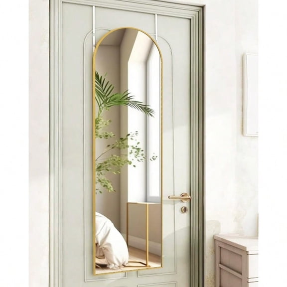 Full Length Mirror 48x14 Inches - Over The Door Hanging Mirror for Bedroom Living Room Closet - Arch Floor Mirror Door Mirror with Gold Frame - No Drill Easy Install