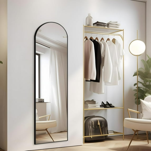 Full Length Mirror, 55x15" Arched Wall Mirror for Bedroom, Black Floor Standing Mirror with Aluminum Frame