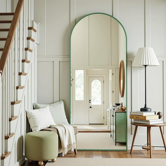 Full Length Mirror, 58"x18" Floor Mirror, Arch Floor Standing Mirrors Freestanding Arch Full Body Mirrors with Stand for Bedroom, Hanging Mounted for Living Room Cloakroom, Green