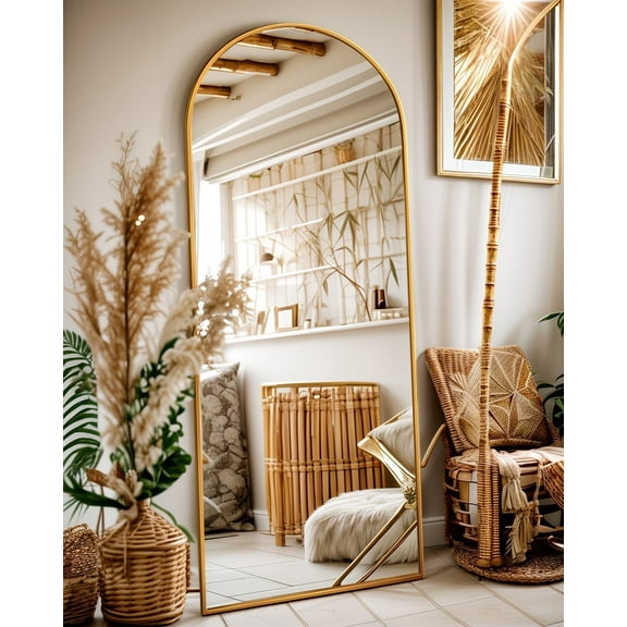 Full Length Mirror, 58"x19" Floor Mirror, Arch Floor Standing Mirror Freestanding Arch Full Body with Stand for Bedroom, Hanging Mounted for Living Room Cloakroom, Gold
