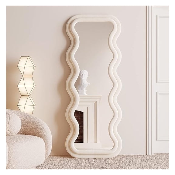 Full Length Mirror 63"x24", Irregular Wavy for Standing Hanging or Leaning Against Wall for Bedroom, Flannel Wrapped Wooden Frame-White