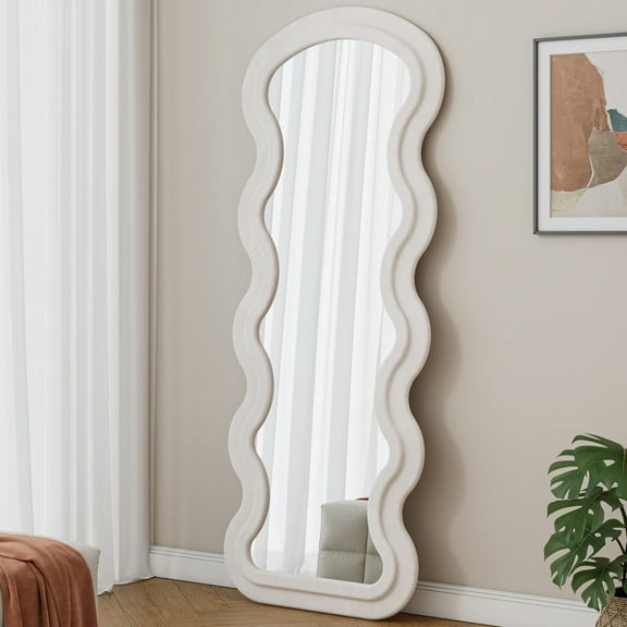 Full Length Mirror, 63x24" Irregular Wavy Wall Mirror with Flannel-Wrapped Wood Frame, Arched Design for Bedroom, Living Room & Cloakroom, White