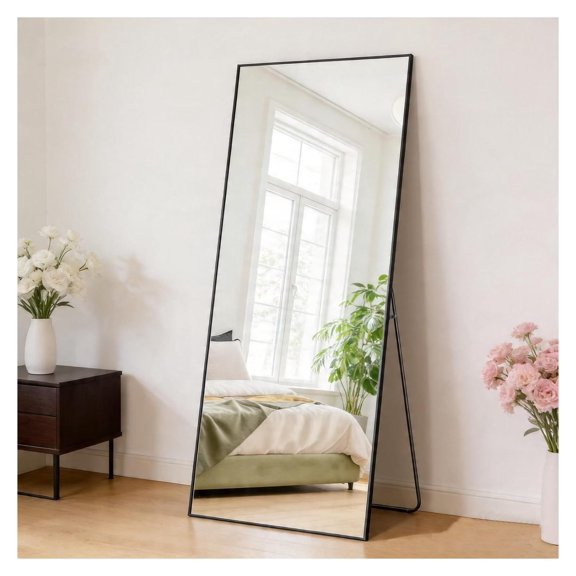 Full Length Mirror 64x21 Black Aluminum Arched Floor Mirror, 3-Way Mount Standing or Wall Mounted Vanity Mirror for Bedroom, Living Room, Bathroom, and Closet, Lightweight Lean To Wall Design