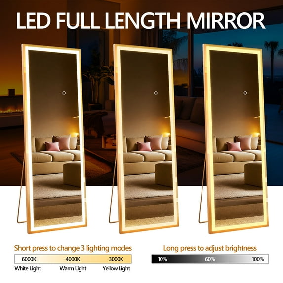 Full Length Mirror 64x21 Inch Full Length Mirror with Lights, Full Body Dressing Standing, Hanging Mounted Mirror for Living Room Bedroom Cloakroom, Square Black,Full Body Mirror