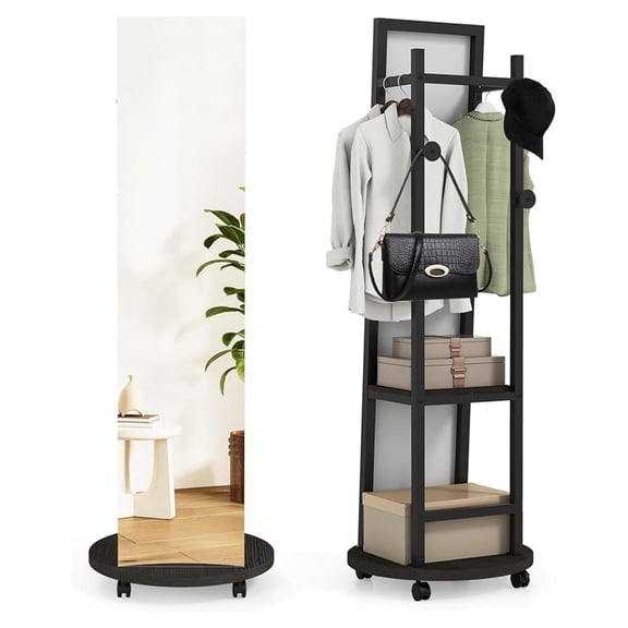 Full Length Mirror with Coat Rack, 55" Standing Floor Mirror with Lockable Wheels, Hanging Rods, & Storage Shelves, for Bedroom, Closet, Living Room, Entryway (Black & Dark Walnut)