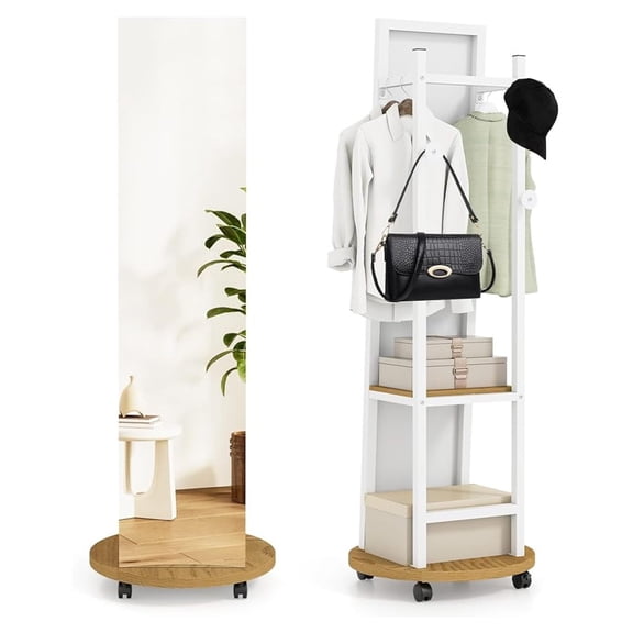 Full Length Mirror with Coat Rack, 55" Standing Floor Mirror with Lockable Wheels, Hanging Rods, & Storage Shelves, for Bedroom, Closet, Living Room, Entryway (White & Natural)