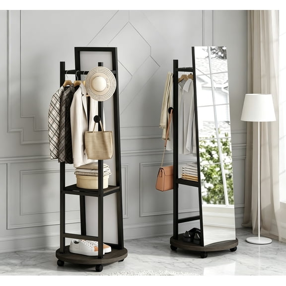 Full Length Mirror with Coat Rack, 55"x18" Standing Mirror Coat Rack with Storage Hanger, Open Shelves and Lockable Wheels, Floor Mirror with Stand for Living Room, Bedroom, Black & Walnut