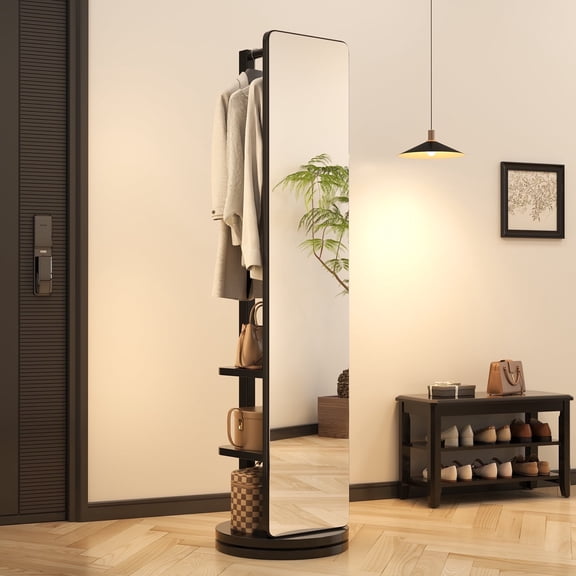 Full Length Mirror Coat Rack with Brake Wheels, 66" x 15", Floor Standing Mirror with Hook Storage, Swivel Full Body Mirror for Bedroom, Living Room, Black